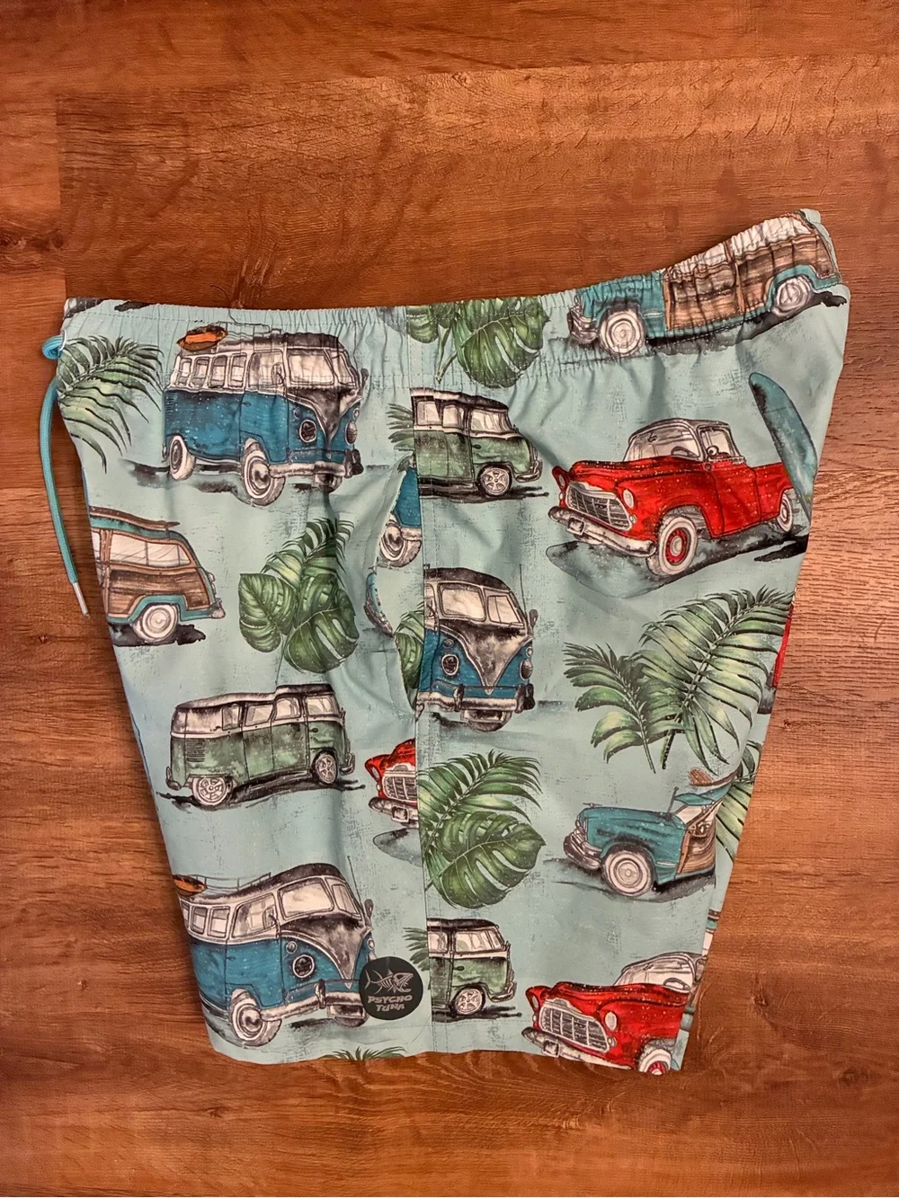 Psycho Tuna NWOT Sz Large Classic Cars Blue Surf Swim Trunks Board Shorts Pool